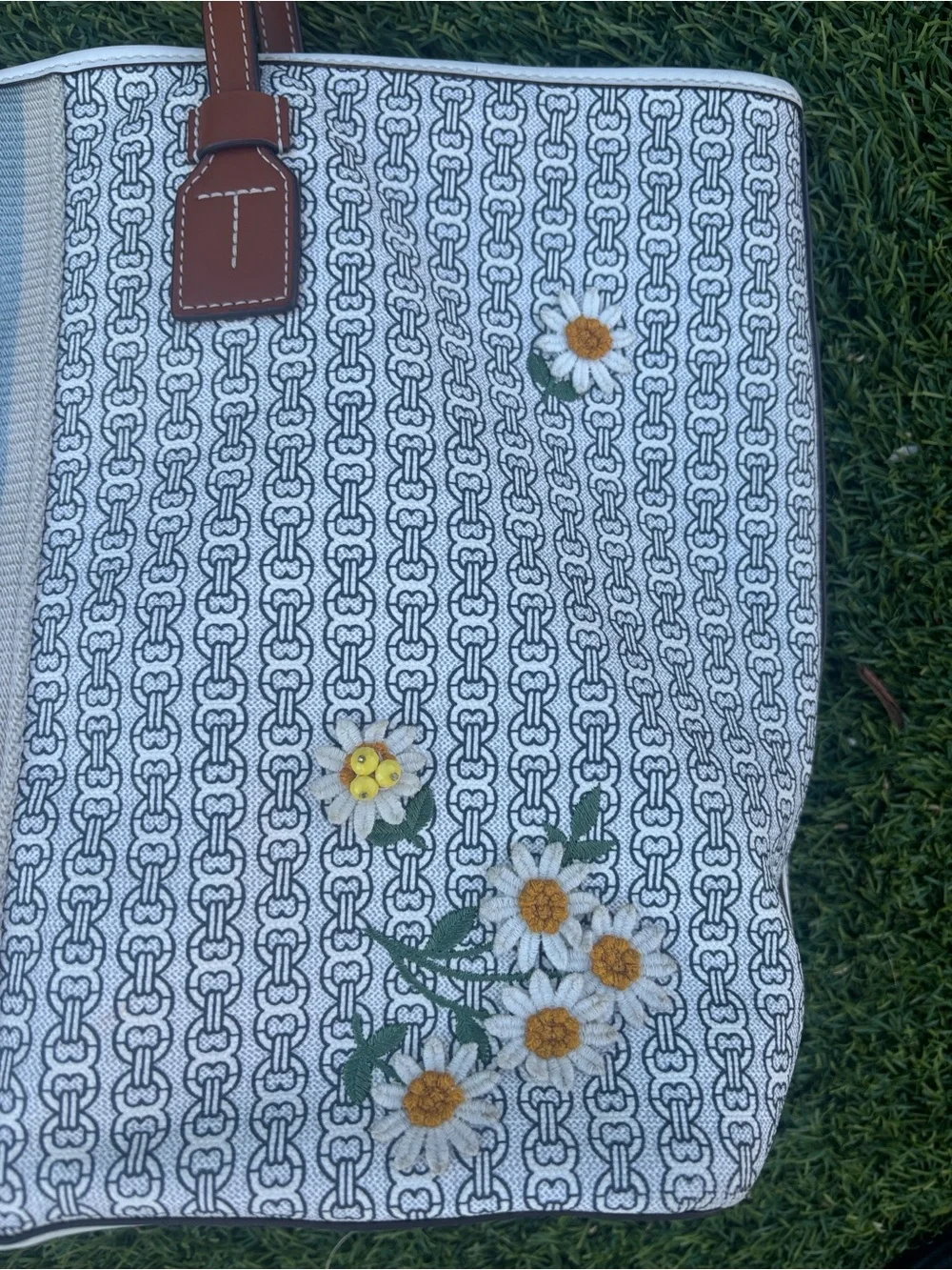 Tory Burch Gemini Canvas Daisy Applique Tote Bag LARGE Size